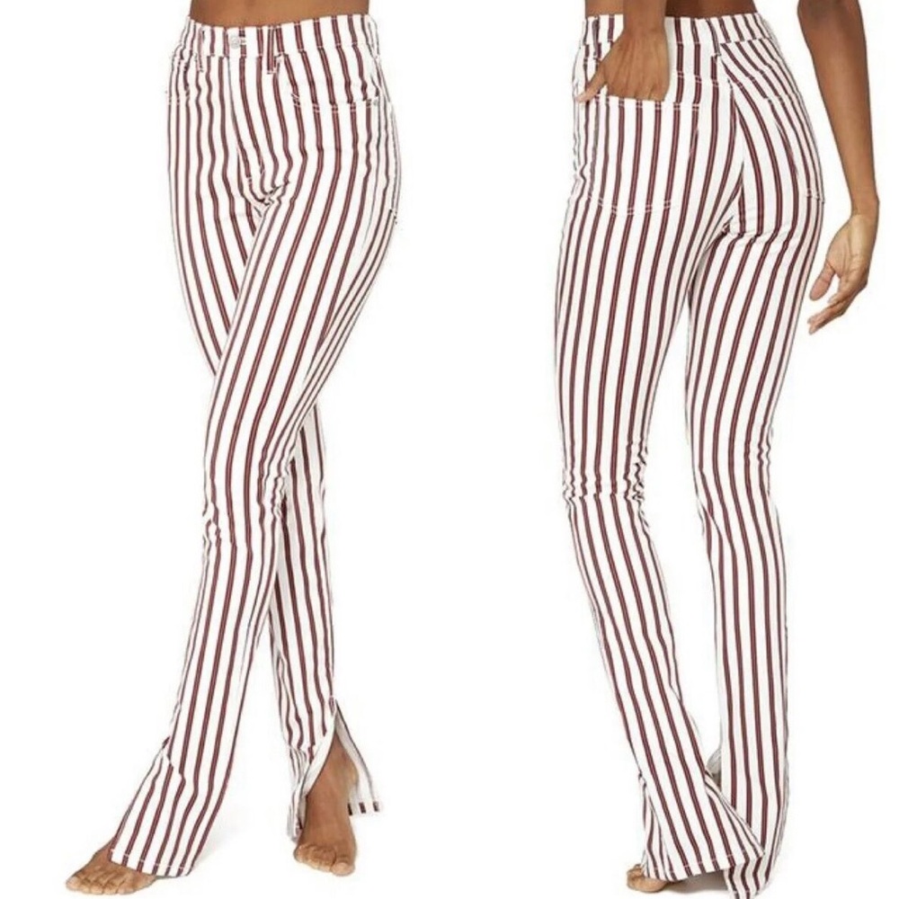 4th of July Women Jeans Ivory Rocker Stripe Stiletto Slit Stretch Size 25 (24"W)